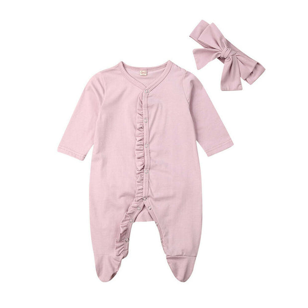 Newborn Baby Girl Footies jumpsuit +Headdress long sleeve