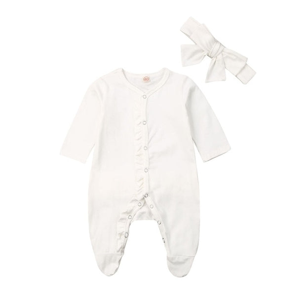 Newborn Baby Girl Footies jumpsuit +Headdress long sleeve