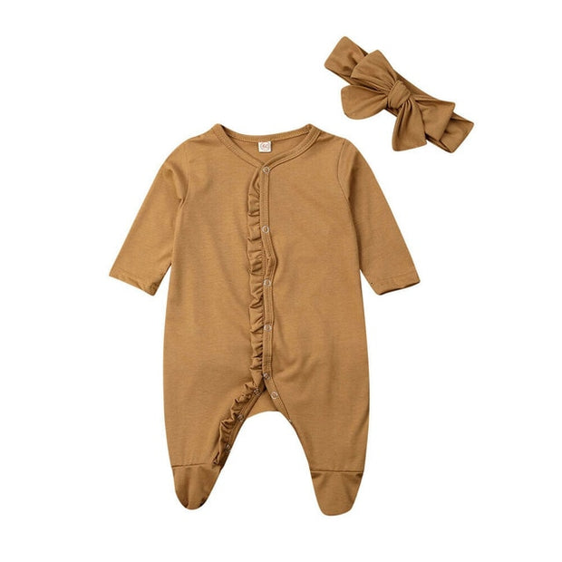 Newborn Baby Girl Footies jumpsuit +Headdress long sleeve
