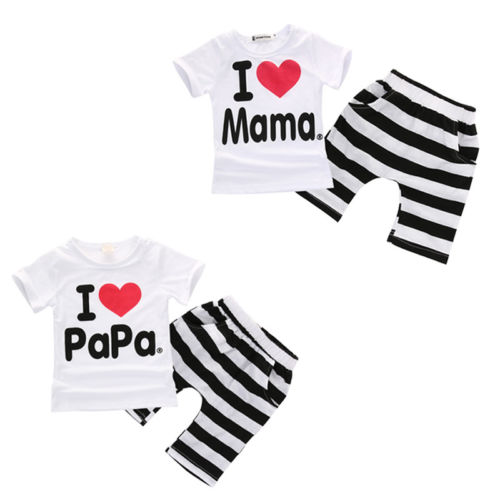 2PCS Unisex  T-shirt Tee+Striped Pants Shorts Outfits