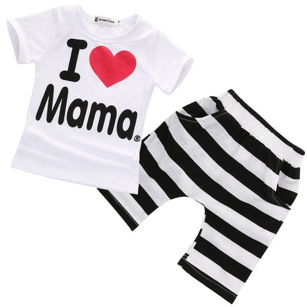 2PCS Unisex  T-shirt Tee+Striped Pants Shorts Outfits