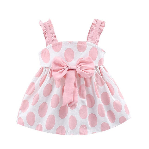 Girl Dress Strap Bow Dot Print